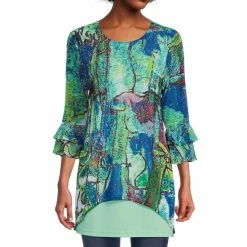 Top 10 ⭐ Calessa Petite Size Printed Mesh Double Ruffle Cuff 3/4 Tiered Sleeve Jewel Neck Blouse Black Multi ⌛