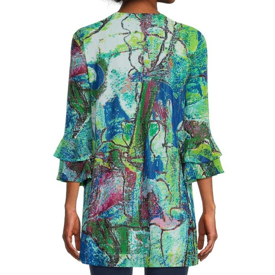 Top 10 ⭐ Calessa Petite Size Printed Mesh Double Ruffle Cuff 3/4 Tiered Sleeve Jewel Neck Blouse Black Multi ⌛ - Image 2