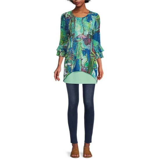 Top 10 ⭐ Calessa Petite Size Printed Mesh Double Ruffle Cuff 3/4 Tiered Sleeve Jewel Neck Blouse Black Multi ⌛ - Image 3