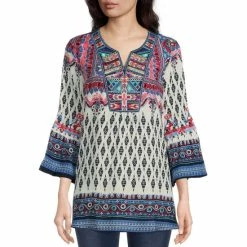 Top 10 🛒 Calessa Printed Ikat Border Embroidered Split Round Neck 3/4 Sleeve Blouse Blue Multi ✨