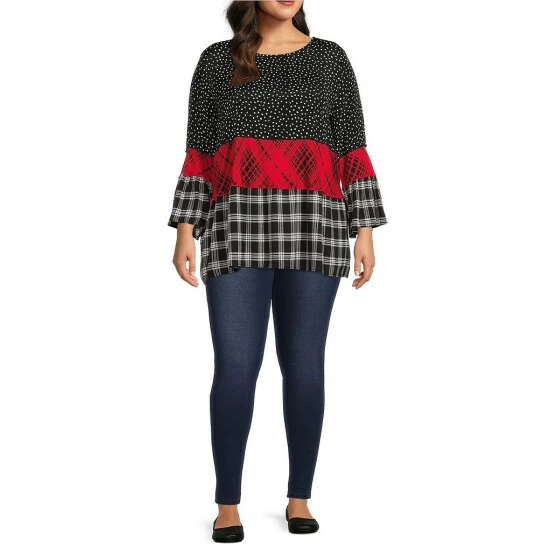 Buy ⌛ Calessa Plus Size Dot And Plaid Patchwork Print Round Neck 3/4 Sleeve Tiered Tunic Black Multi ✔️ - Image 3
