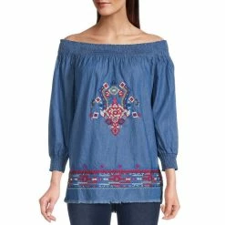 Top 10 😀 Calessa Smocked Off-the-Shoulder 3/4 Sleeve Embroidered Denim Peasant Top Indigo Multi 🛒