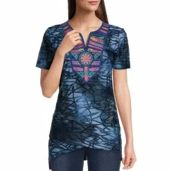 Cheap 😍 Calessa Embroidered Abstract Tie Dye Burnout Short Sleeve Split Round Neck Crossover Hem Top Blue Multi ❤️
