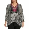 Coupon ✨ Calessa Plus Size Geometric Mesh Printed Embroidered Split Round Neck 3/4 Sleeve Blouse Black/white 💯