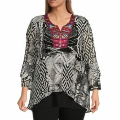 Coupon ✨ Calessa Plus Size Geometric Mesh Printed Embroidered Split Round Neck 3/4 Sleeve Blouse Black/white 💯