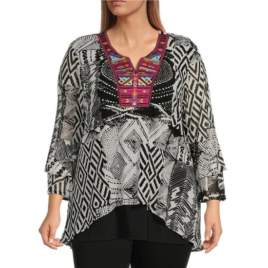 Coupon β¨ Calessa Plus Size Geometric Mesh Printed Embroidered Split Round Neck 3/4 Sleeve Blouse Black/white π―