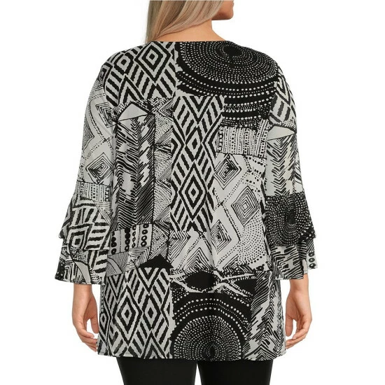 Coupon β¨ Calessa Plus Size Geometric Mesh Printed Embroidered Split Round Neck 3/4 Sleeve Blouse Black/white π― - Image 2