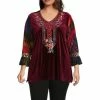 Top 10 💯 Calessa Plus Size Knit Velvet Burnout Embroidered Tie Dye V-Neck Long Sleeve Tunic Crimson/multi 🔔