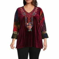Top 10 π― Calessa Plus Size Knit Velvet Burnout Embroidered Tie Dye V-Neck Long Sleeve Tunic Crimson/multi π