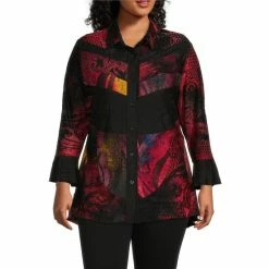 Wholesale π Calessa Plus Size Burnout Tie Dye Patchwork Knit Point Collar Bracelet Bell Cuff Sleeve Button Front Tunic Black Multi π